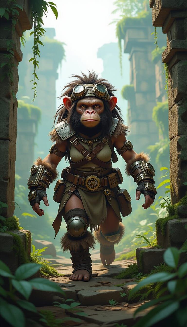 Steampunk Neanderthal Explorer in Overgrown Lost City