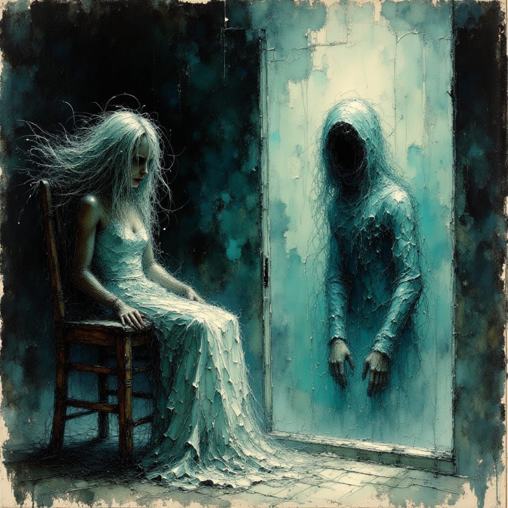 Depressed Woman Tied to Chair with Crying Ghost Above