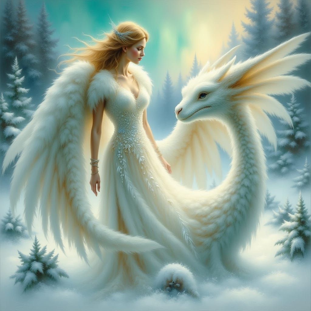 Ice Princess and Dragon in Surreal Oil Painting