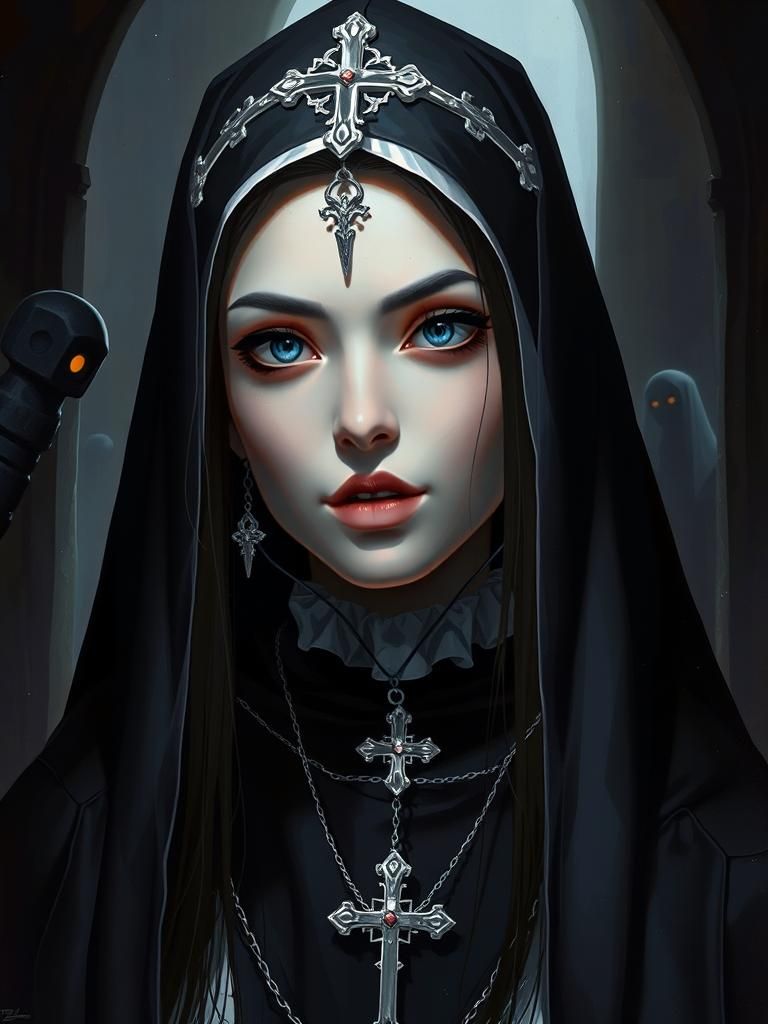 Whimsical Nun Portrait in Art Nouveau Style