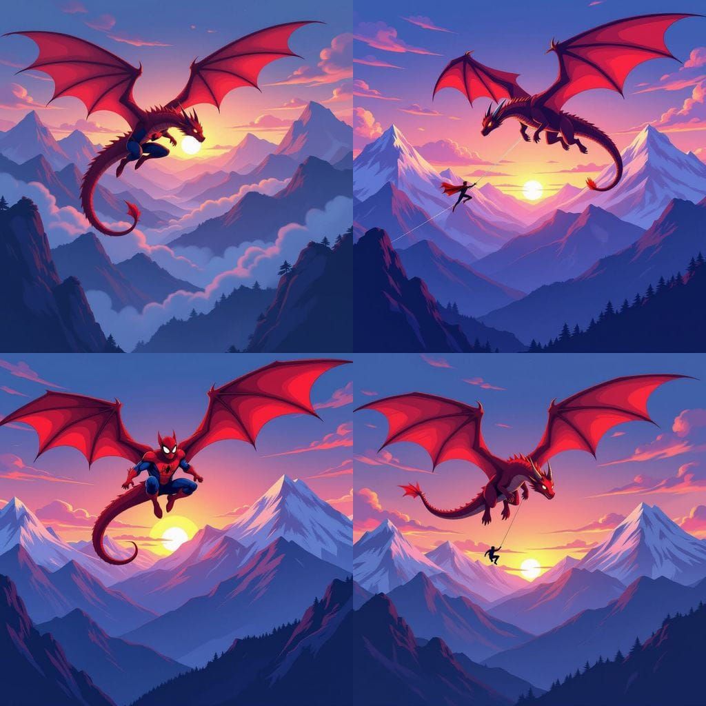 Dragon Chasing Spider-Man at Twilight: Anime Manga Style