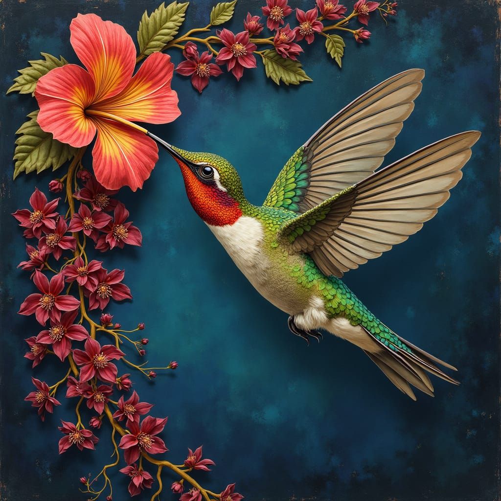 Hummingbird Sipping Nectar in Art Nouveau Style