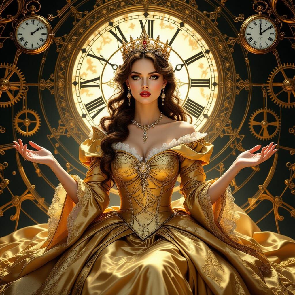 Regal Queen in Antique Gold Gown with Mystical Aura