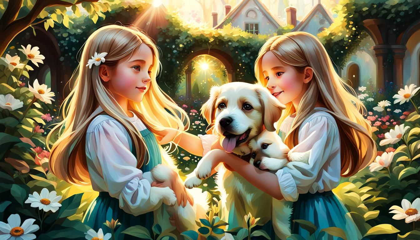 Sisters Playing with Puppy in Lush Garden, Oil Painting
