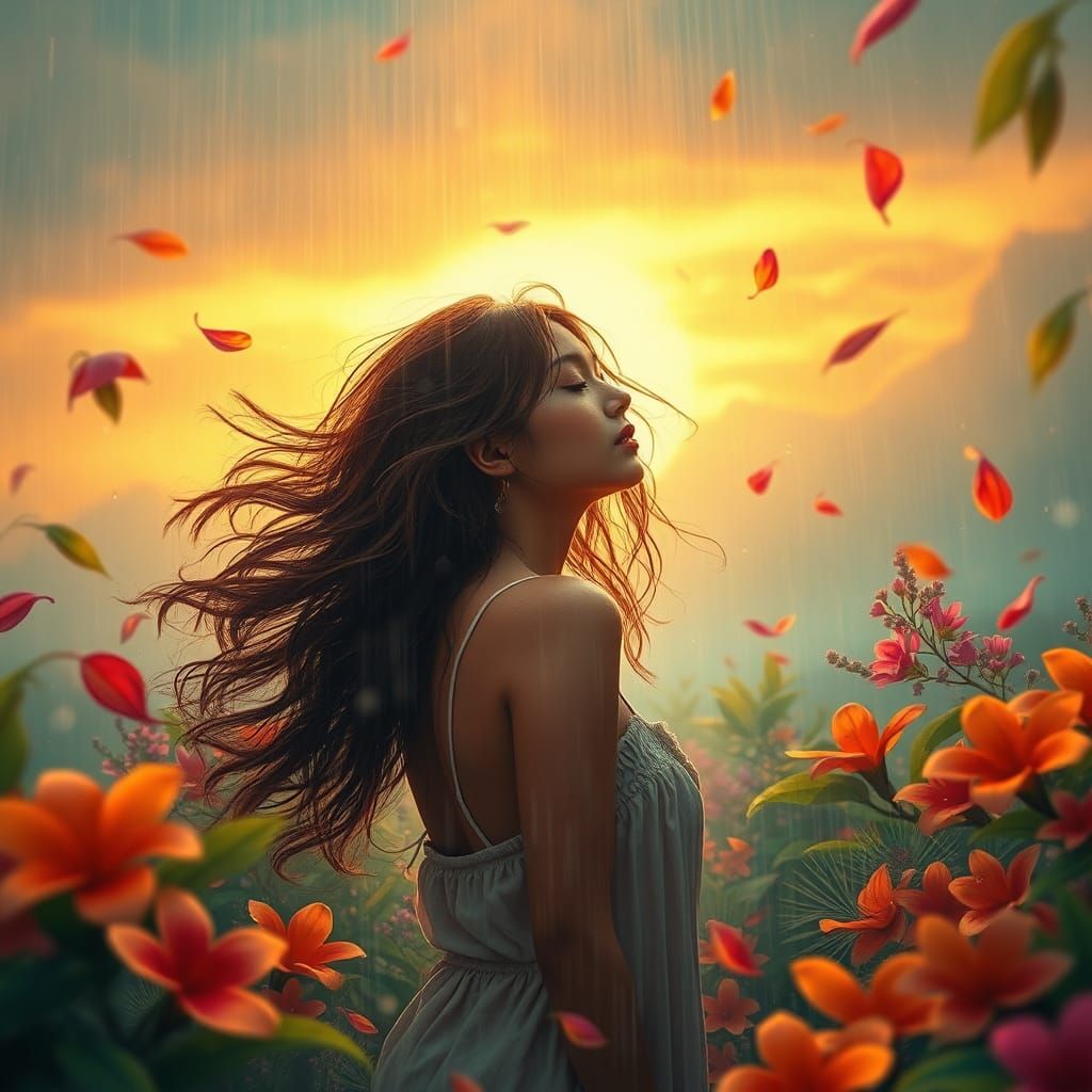 Woman in Floral Whirlwind at Sunset, Fantasy Art