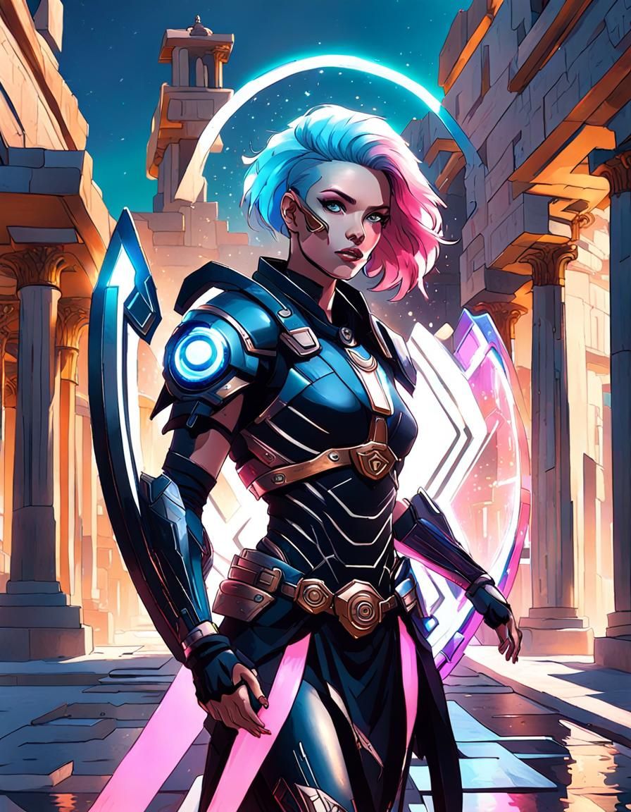 Sci-Fi Warrior Girl in Ancient Greek Cityscape
