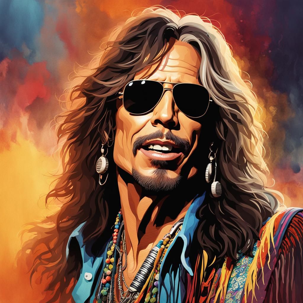 1970s Rock Star Portrait in Watercolor Style
