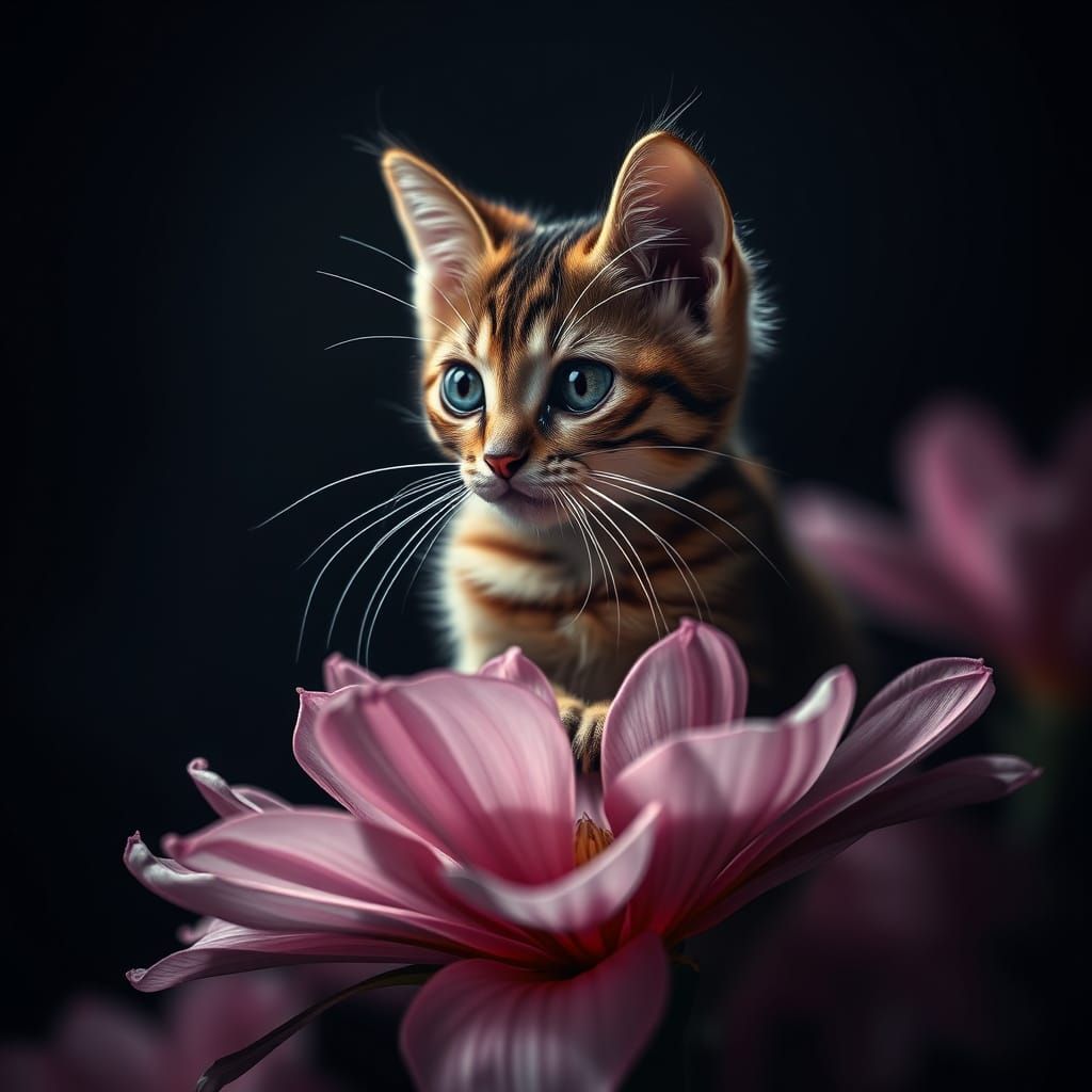 Cat on Delicate Flower, Hyperrealistic Cinematic Photo