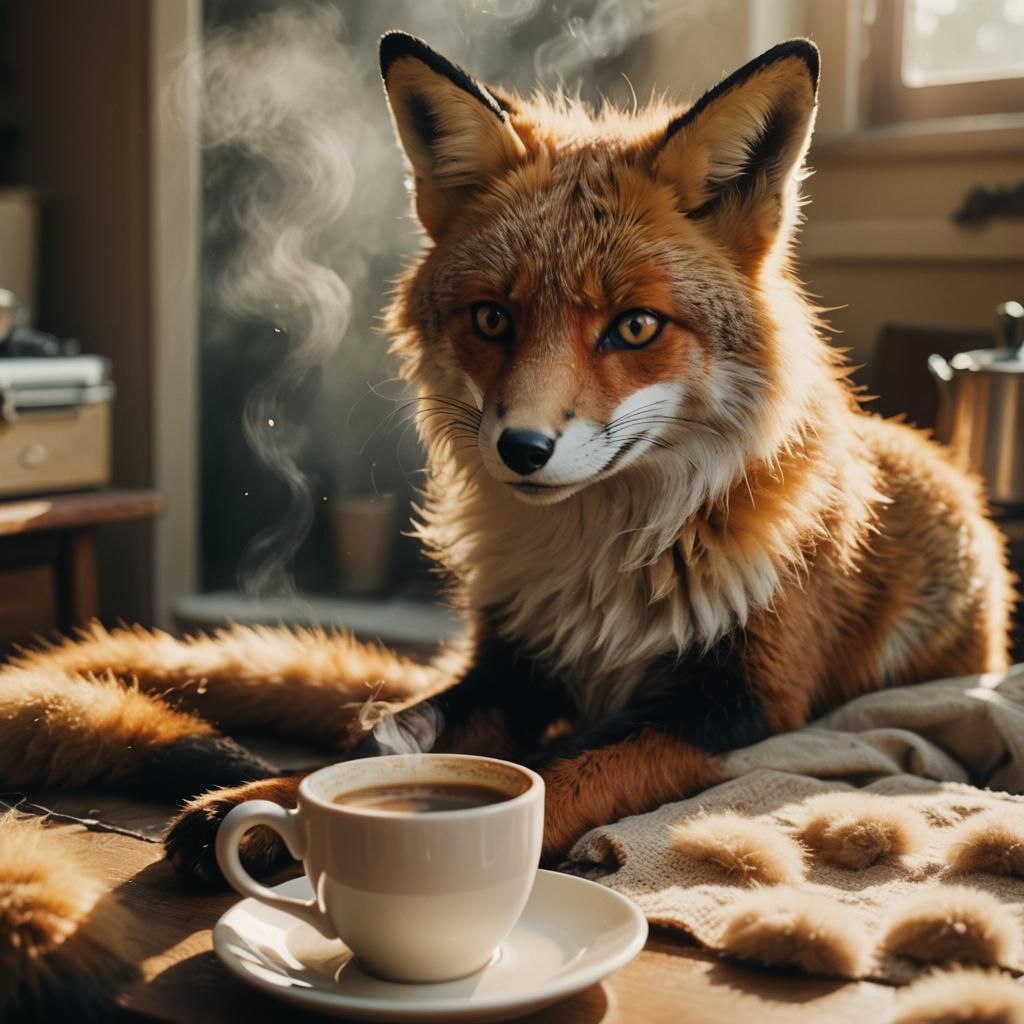 Fox Sipping Coffee in Cozy, Cinematic Morning Light