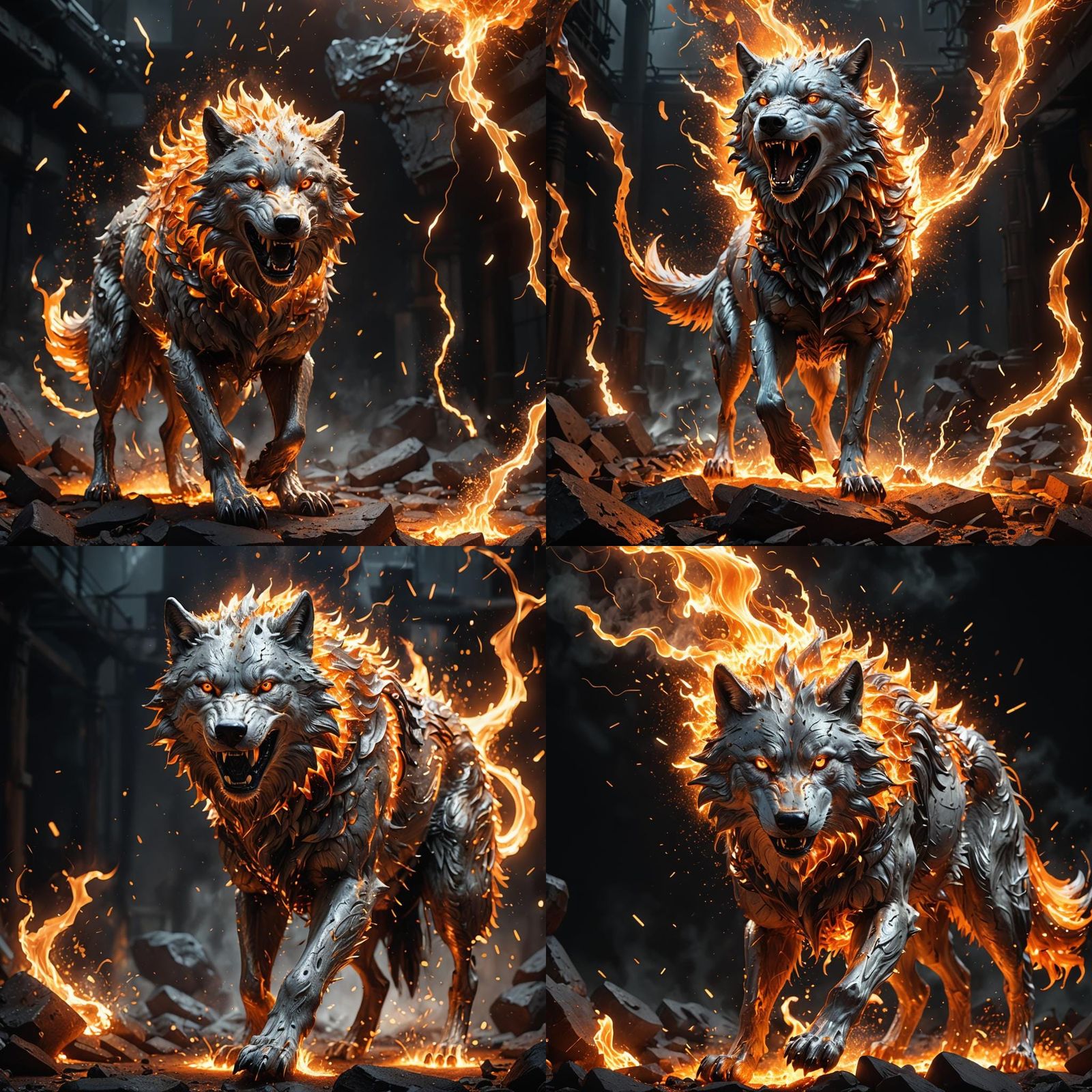 Molten Metal Wolf with Fiery Sparks in 3D Rendering