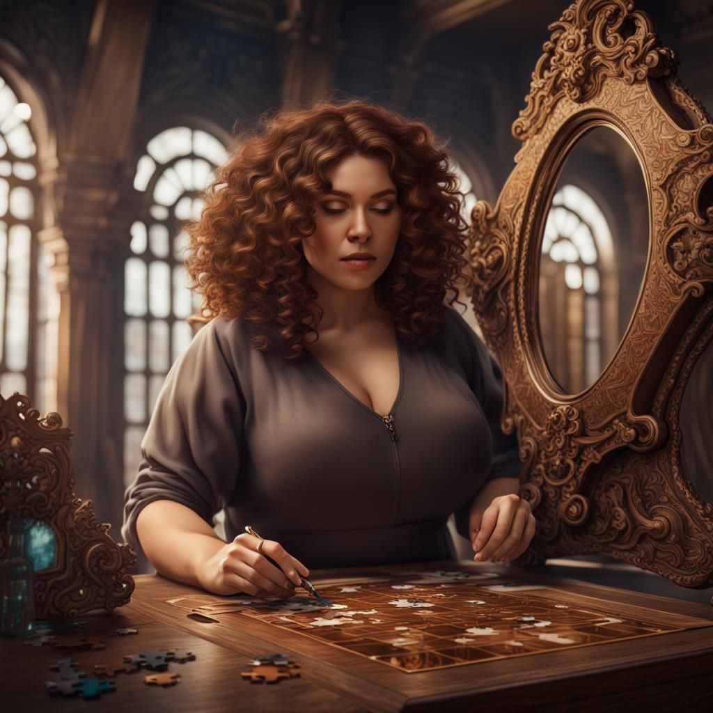 Detailed Matte Painting: Woman Creating Mirror Puzzle