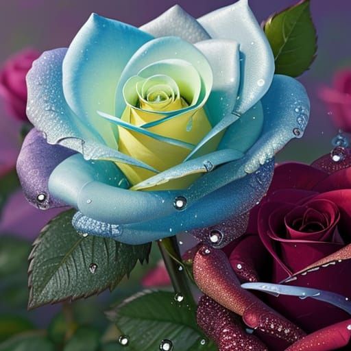 Stunning Rose with Dew Drops and Detailed Foreground