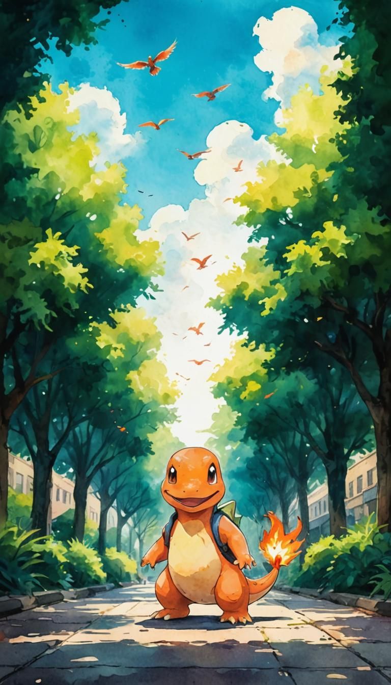 Charmander dinosaur with flaming tail, walking in the leafy ...