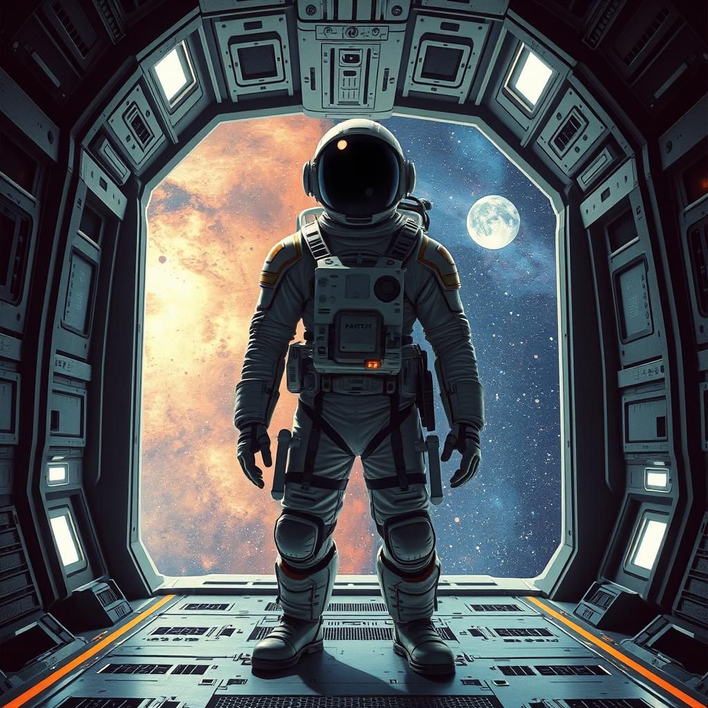 Retro-Futuristic Spaceman on Spaceship to Nebula