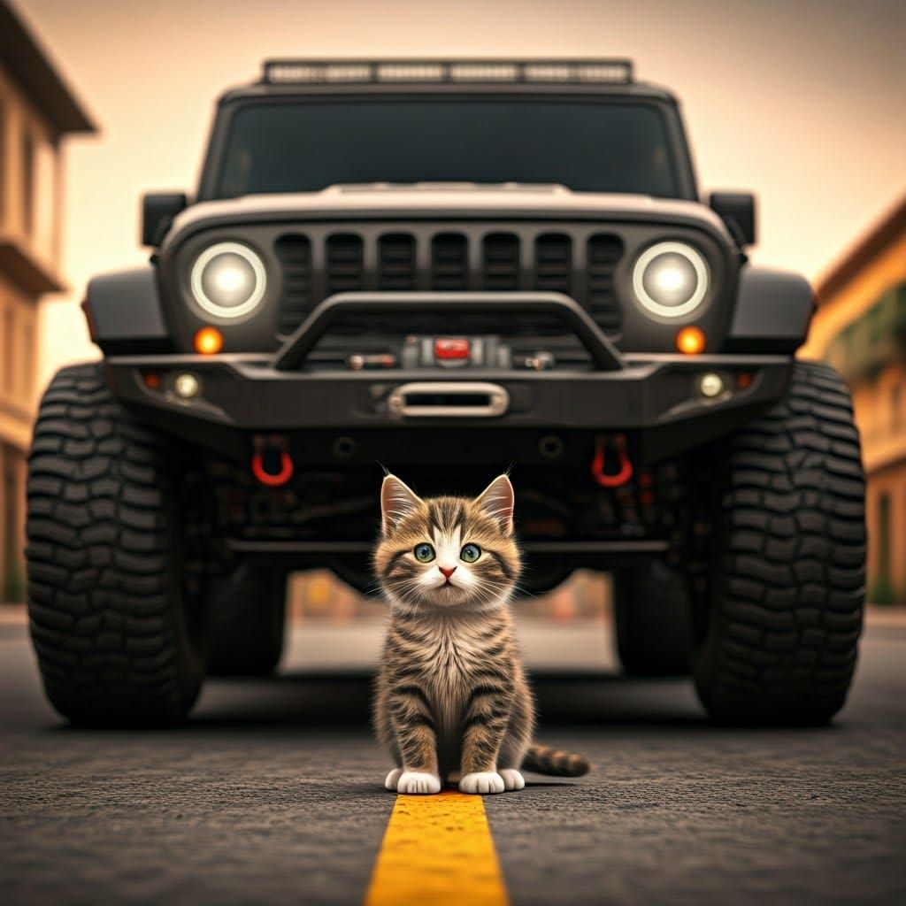 Brave Kitten Halts Giant Car, Photorealistic Matte Painting