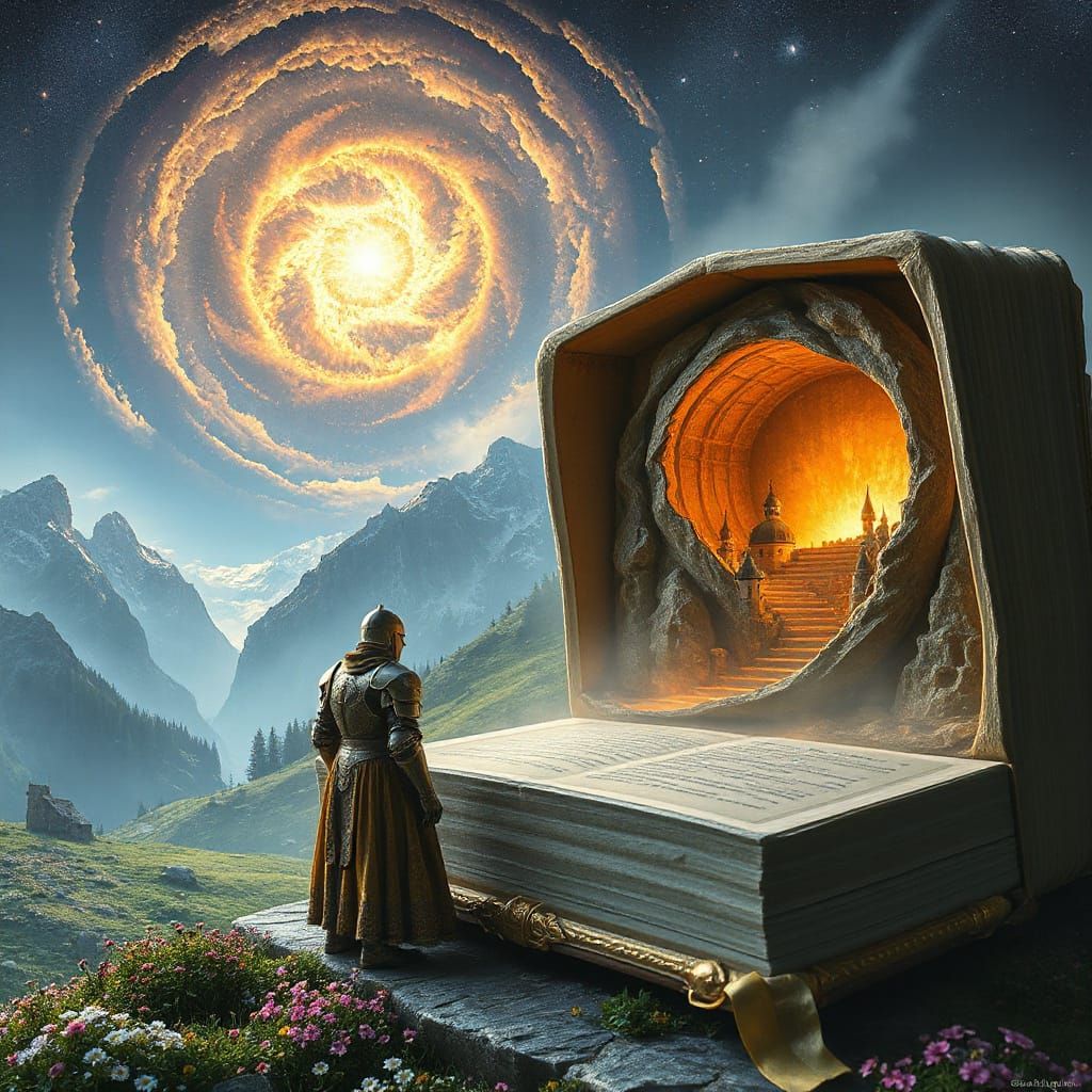 Knight Beside Cosmic Book Over Dolomites Meadows