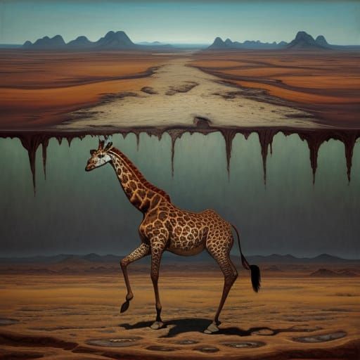 Melting Giraffe in Surreal Dreamscape Oil Painting