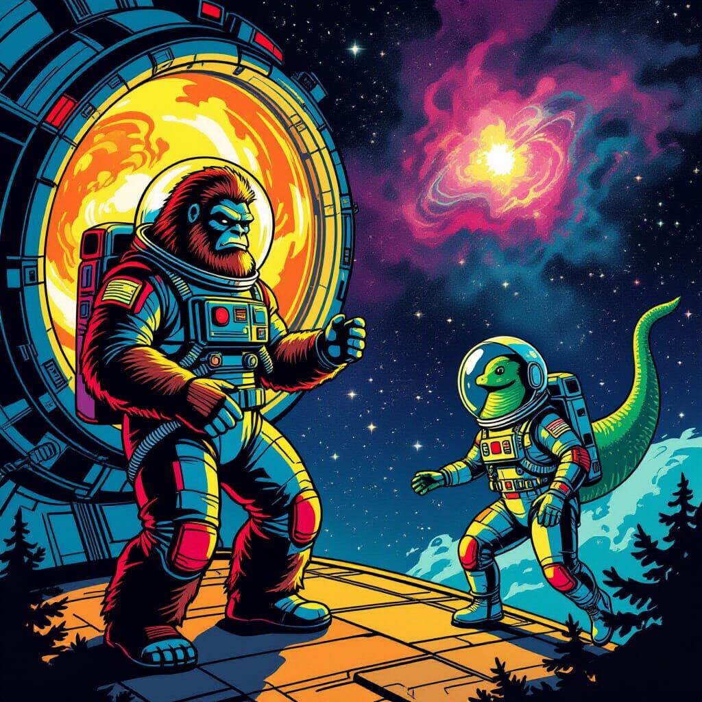Sasquatch and Nessie Operate Space Station in Retro Comic St...