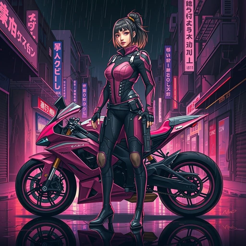 Cyberpunk Heroine on High-Tech Motorcycle
