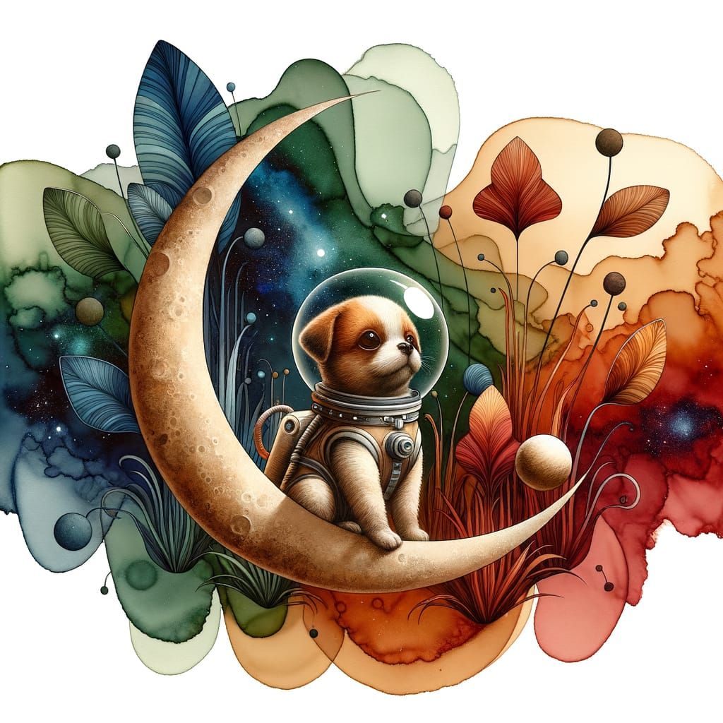 A whimsical dog wearing a tiny, retro-styled spacesuit, perc...