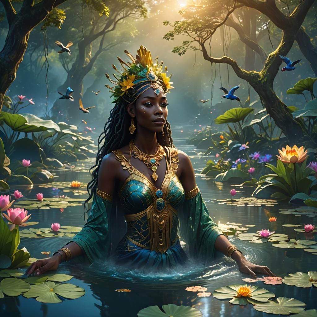African River Goddess in Lush Fantasy Landscape