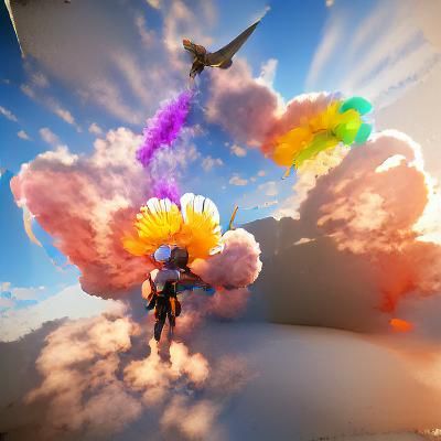 Winged Figure Flying Through Clouds with Flowers