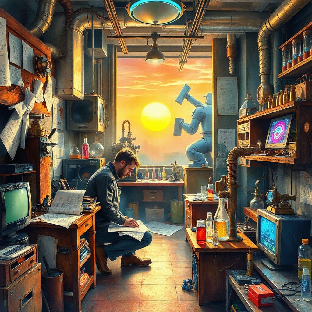 Immersive Inventors' Workshop in Vibrant Digital Watercolor