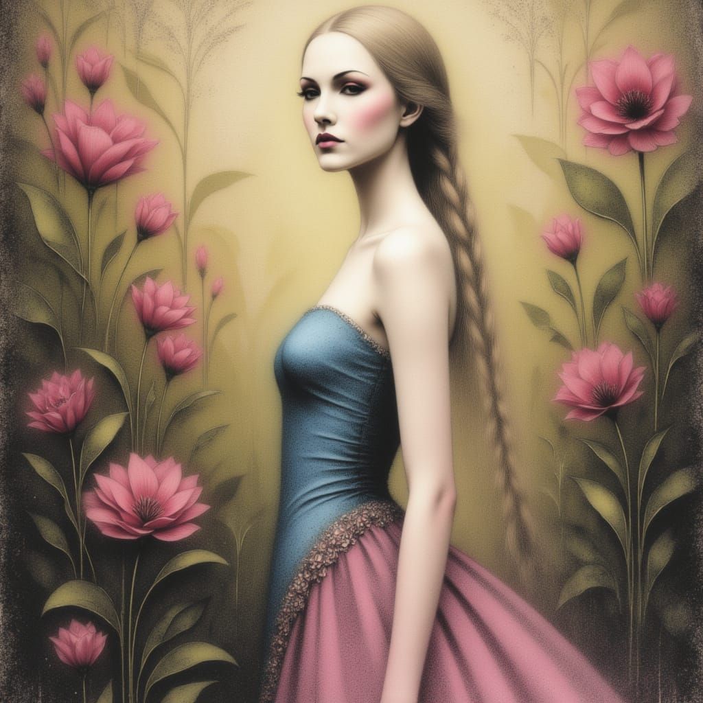 Blonde Girl in Floral Garden with Volumetric Light