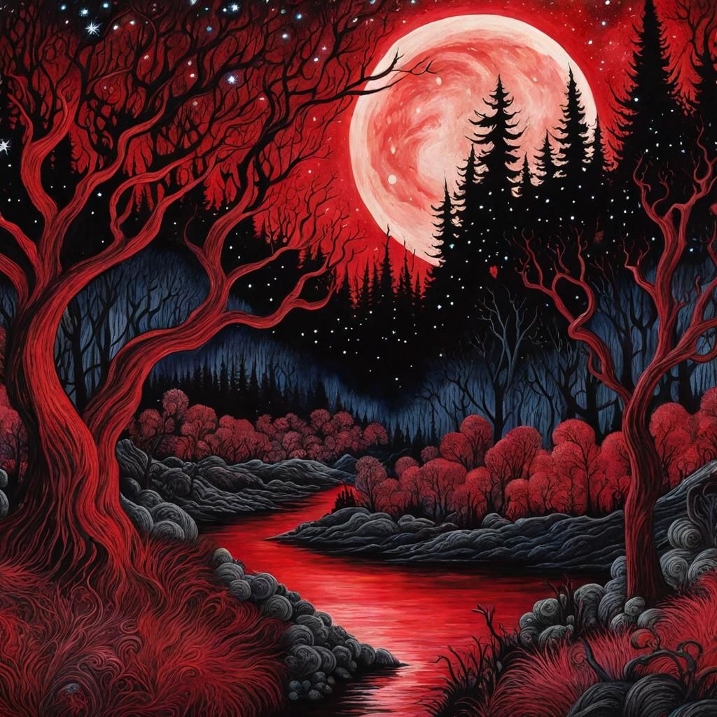 Eldritch Gothic Forest Under Starry Red Sky
