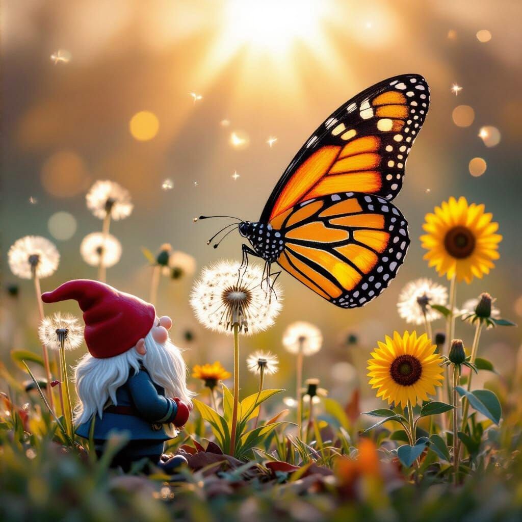 Gnome Watches Giant Butterfly Emerge in Impressionistic Land...