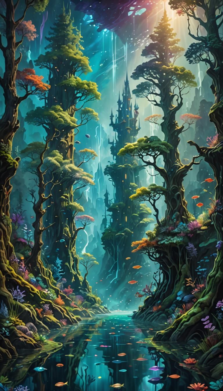 Underwater Forest River: Hyper-Realistic Concept Art