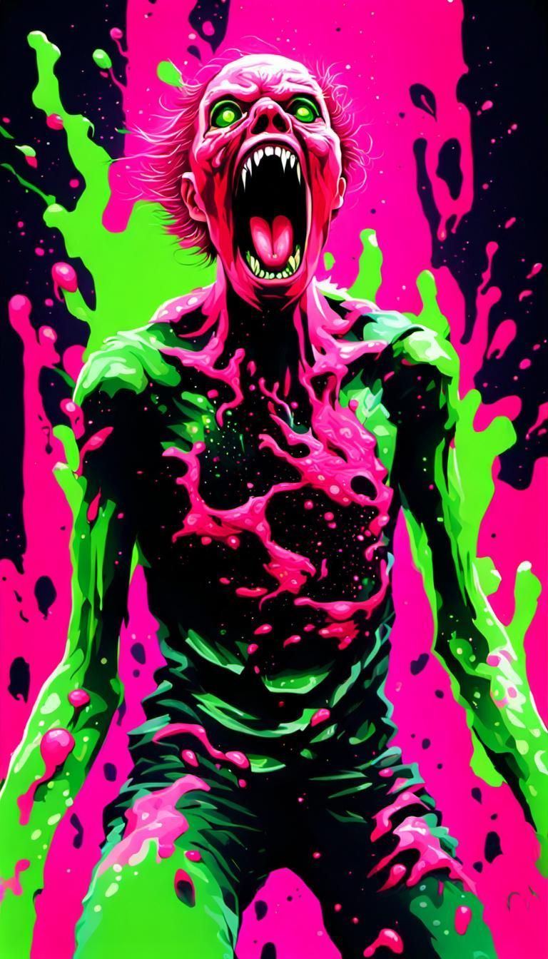 Neon Chick Screaming in Agony with Volcanic Eruption