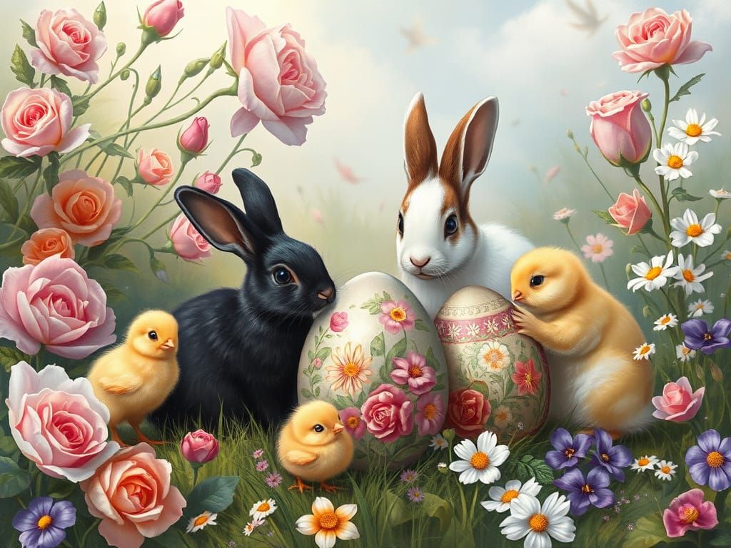 Whimsical Bunnies and Easter Eggs in Renaissance Style