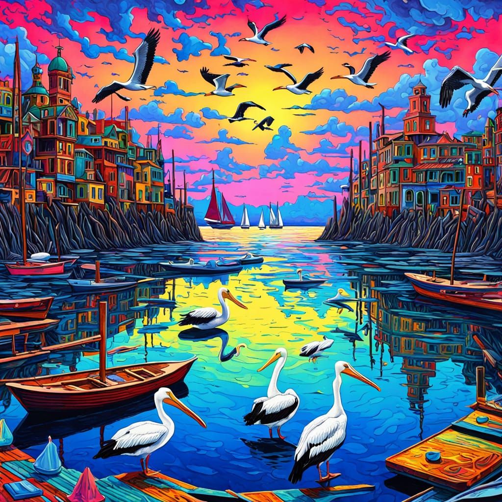 Psychedelic Sunset Cove with Sailboats and Wildlife