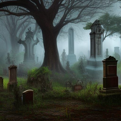 Foggy, Overgrown Cemetery in Hyperdetailed Matte Painting