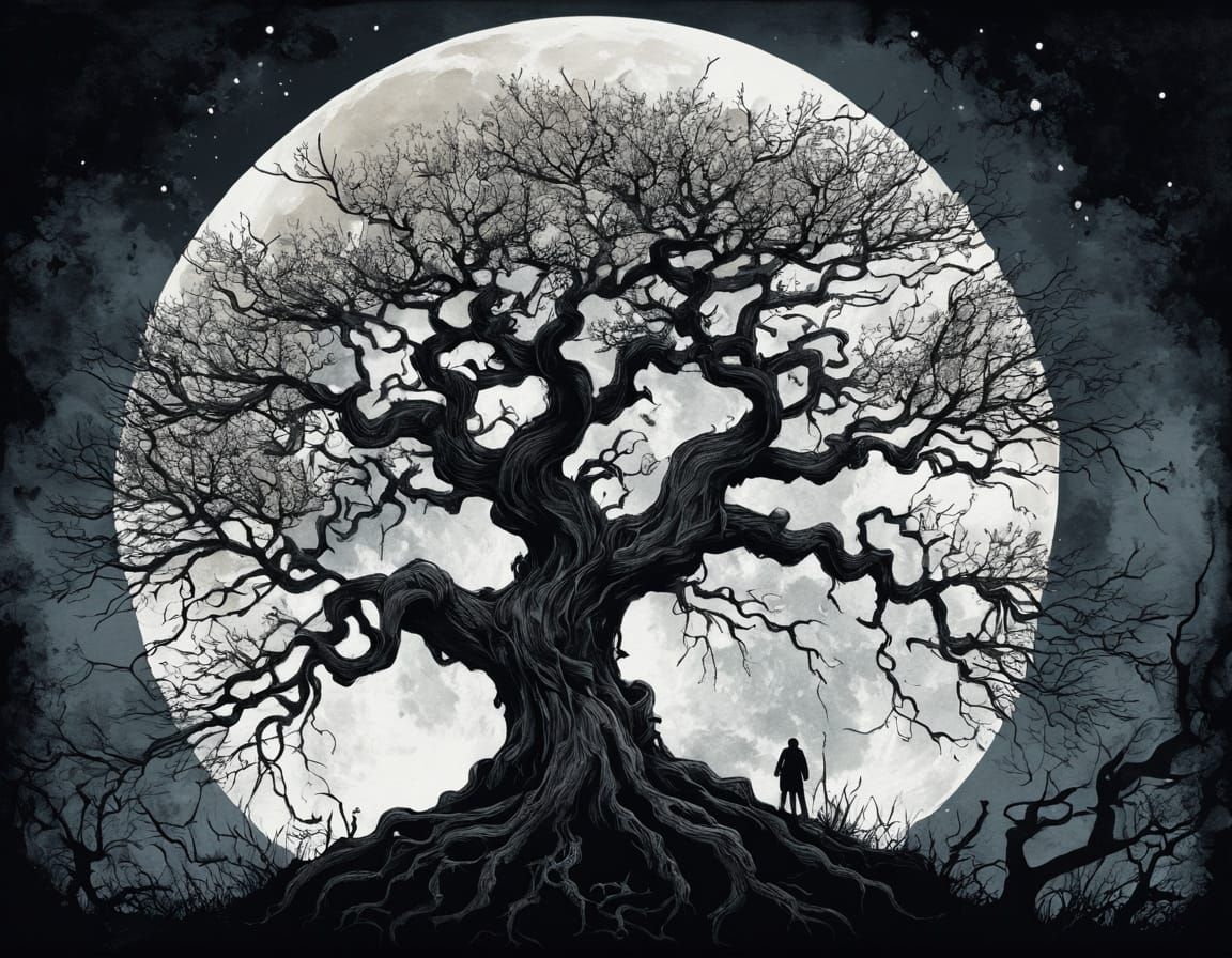 Gnarled Tree Silhouette in Gothic Ink Wash Style