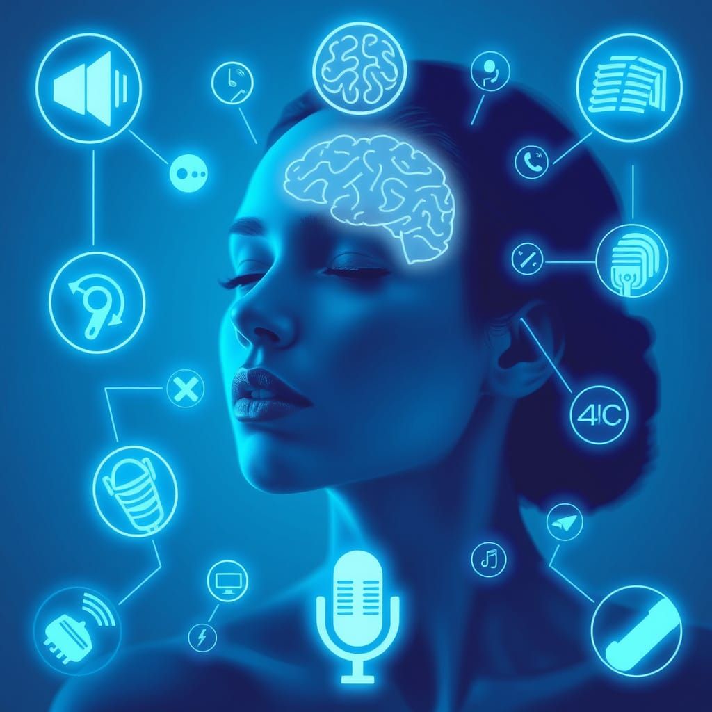 Woman Surrounded by Glowing Communication Icons
