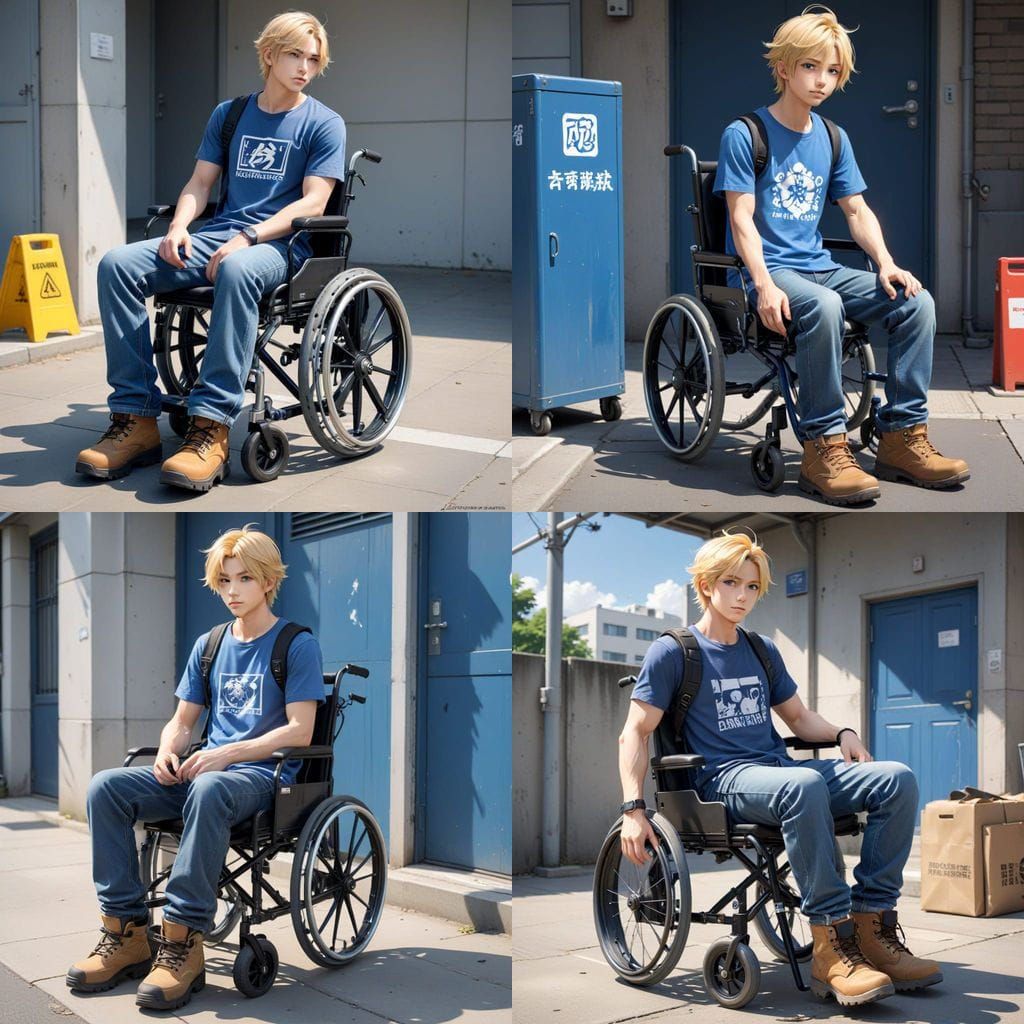 Blonde Male in Wheelchair with Tool Bag in Cyberpunk Anime S...