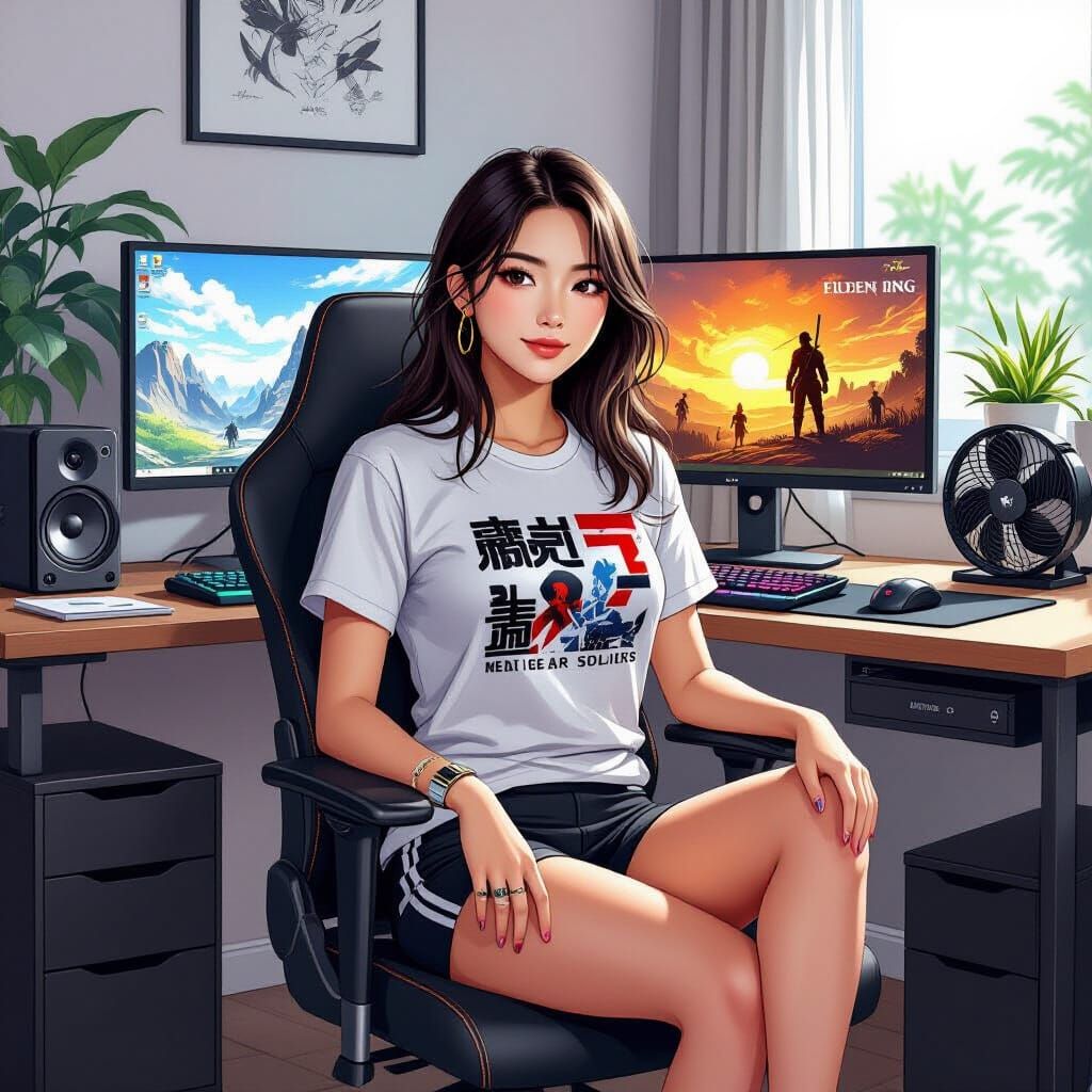 Young Woman Gamer with Multiple Monitors in Vibrant Style