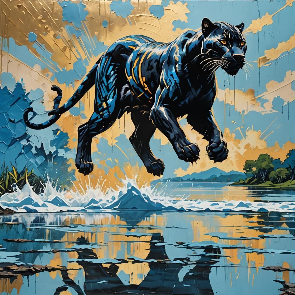 Black Panther by Light Blue Lake in Street Art Style
