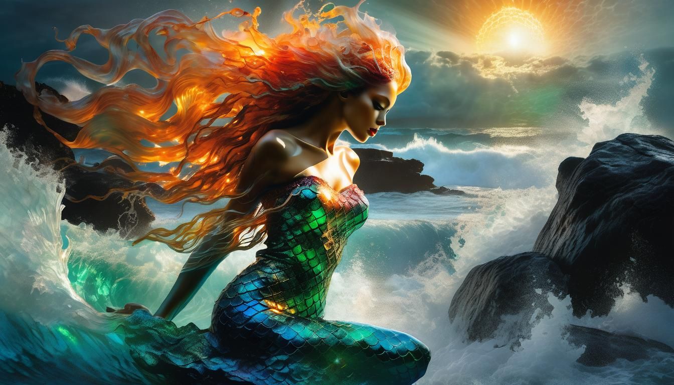 Fiery Mermaid Sunbathing in Enchanted Ocean