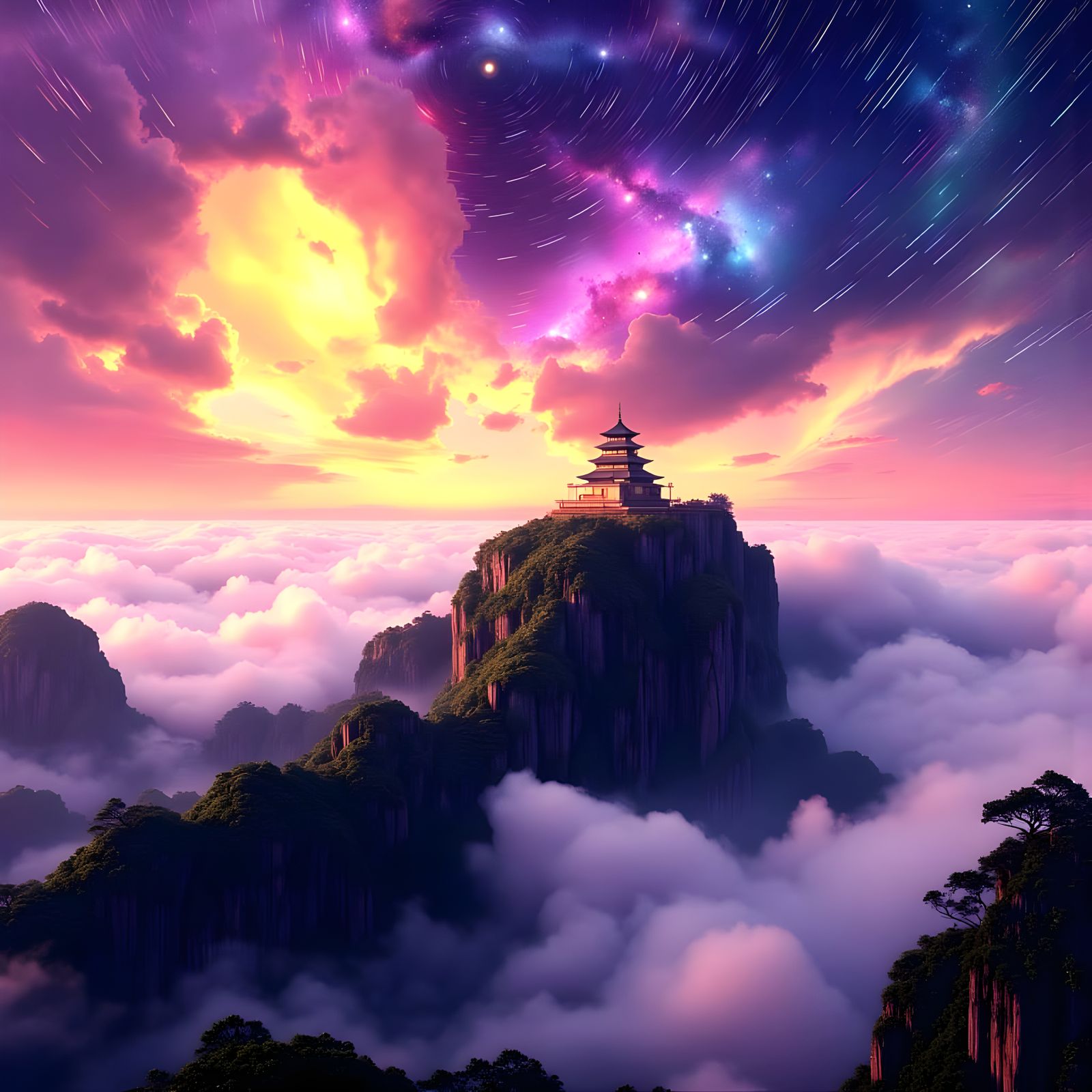 Ethereal Temple at Twilight: Vibrant Colors and Star Trails