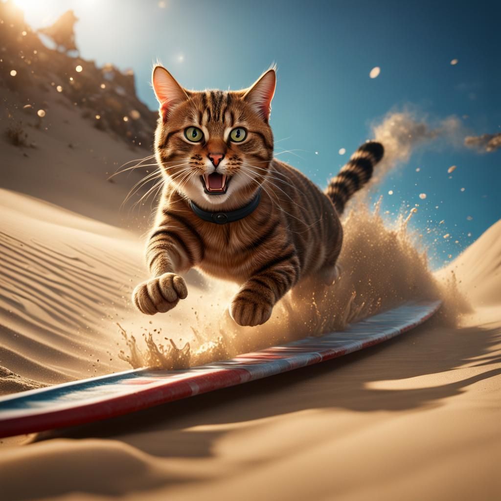 Cat Sand Skiing Downhill: Photorealistic Fantasy Art