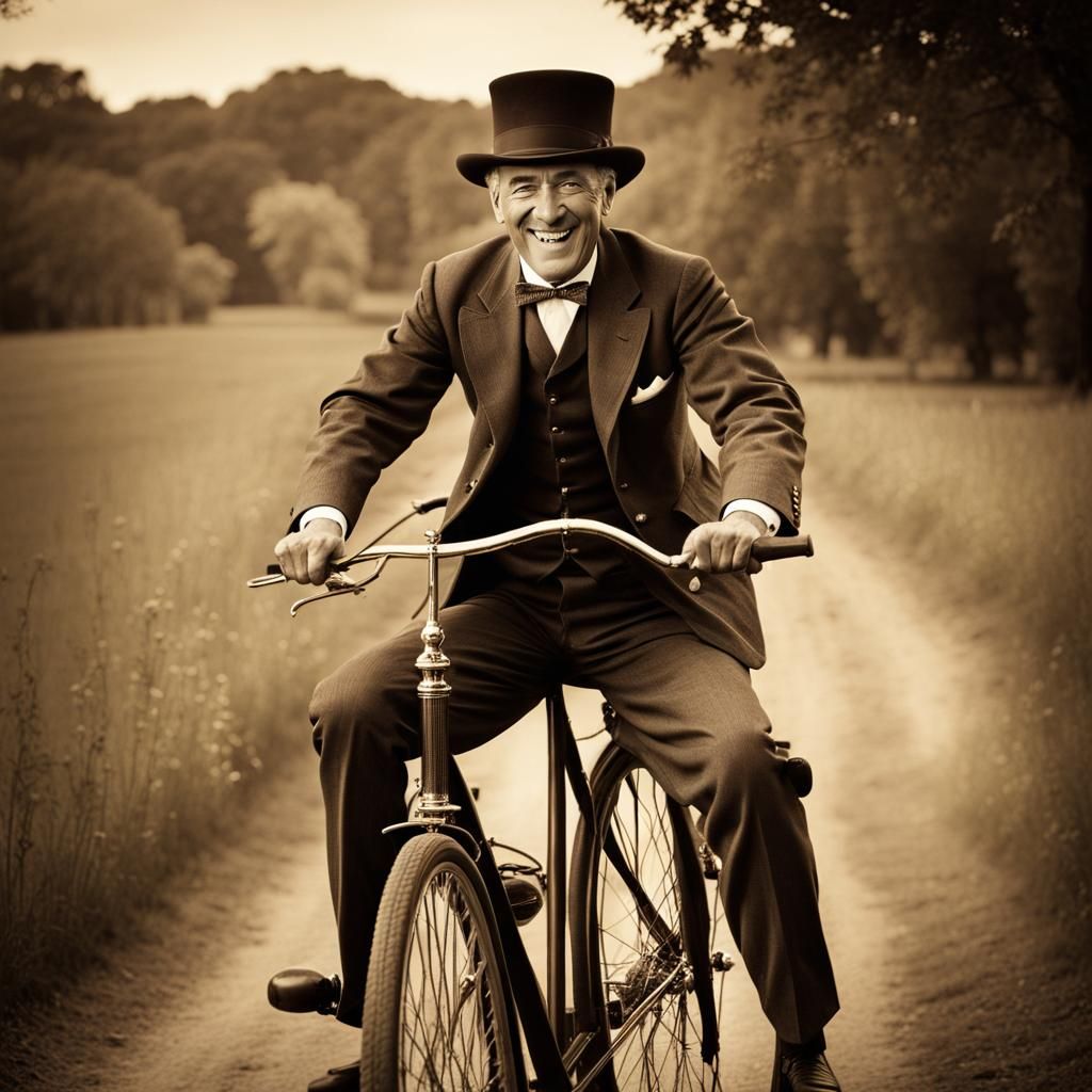 Victorian Gentleman Rides Antique Bicycle in Sepia Tone