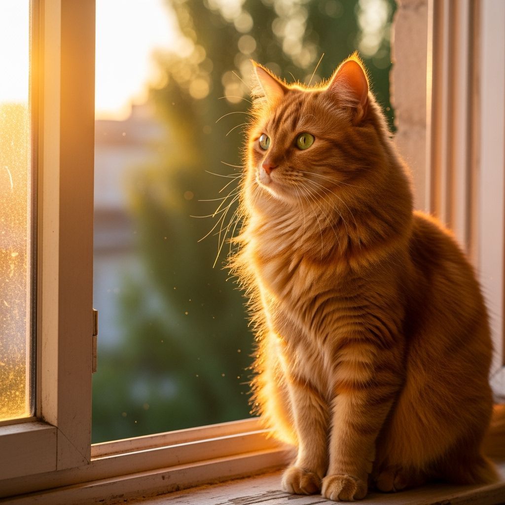 Fluffy Orange Cat with Green Eyes in Golden Hour Light