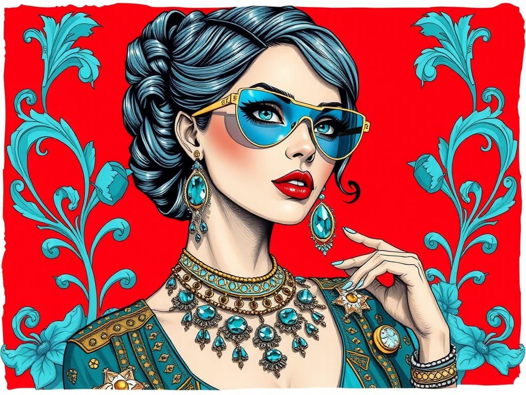 Luxurious Labradorite Turquoise Fashion Illustration in Scar...
