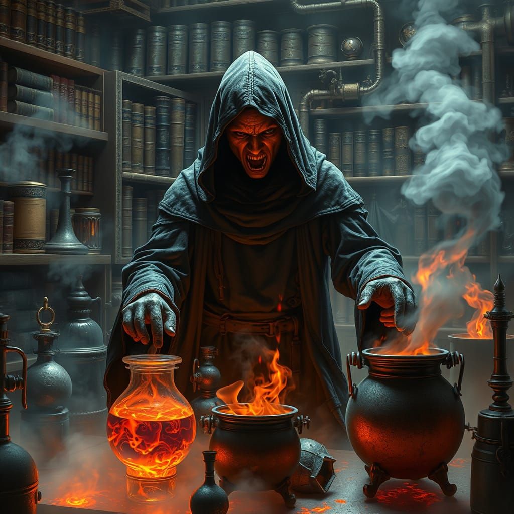 Infernal Alchemist in Steampunk Lab: A Dark Surrealist Visio...