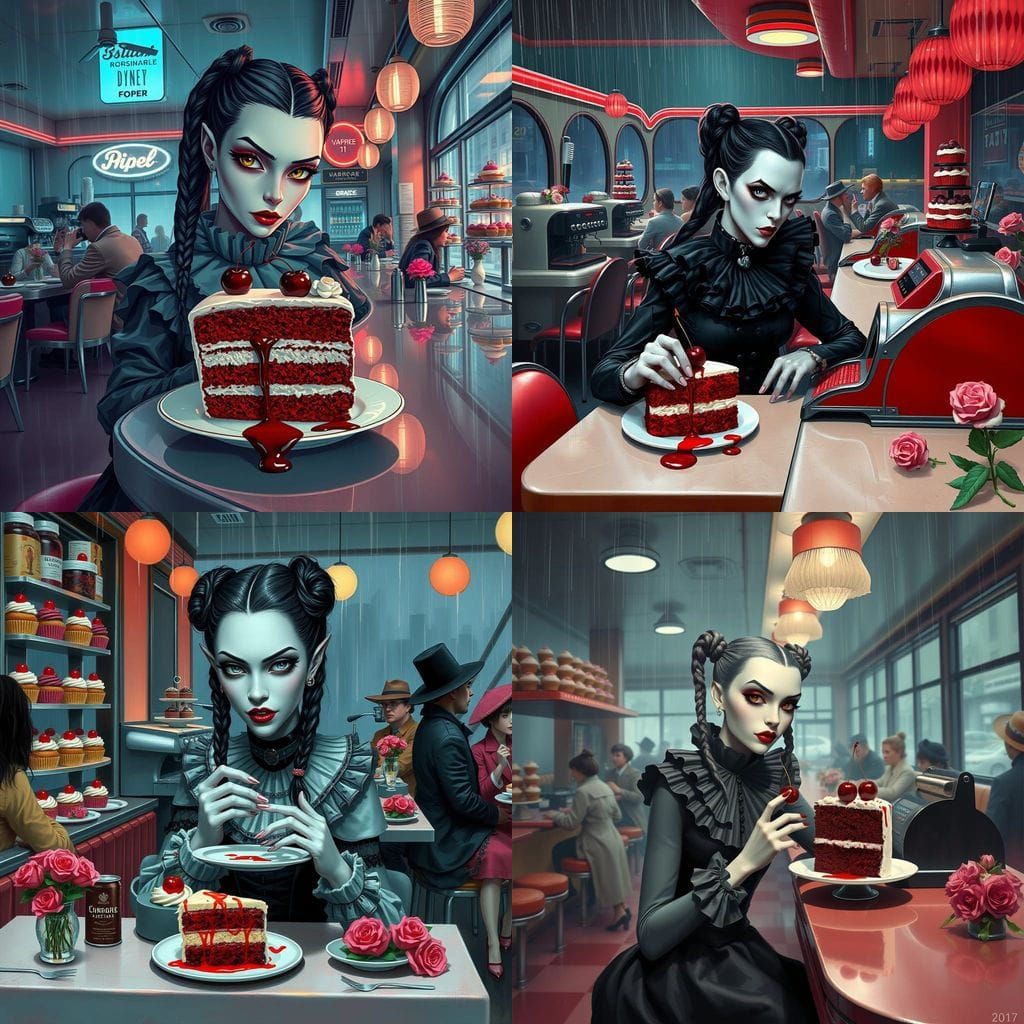 Ethereal Vampire Sips Velvet Cake in Futuristic Diner