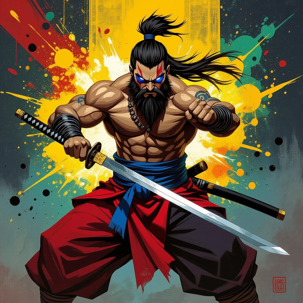 Battle-Ready Warrior with Katana in Atompunk World