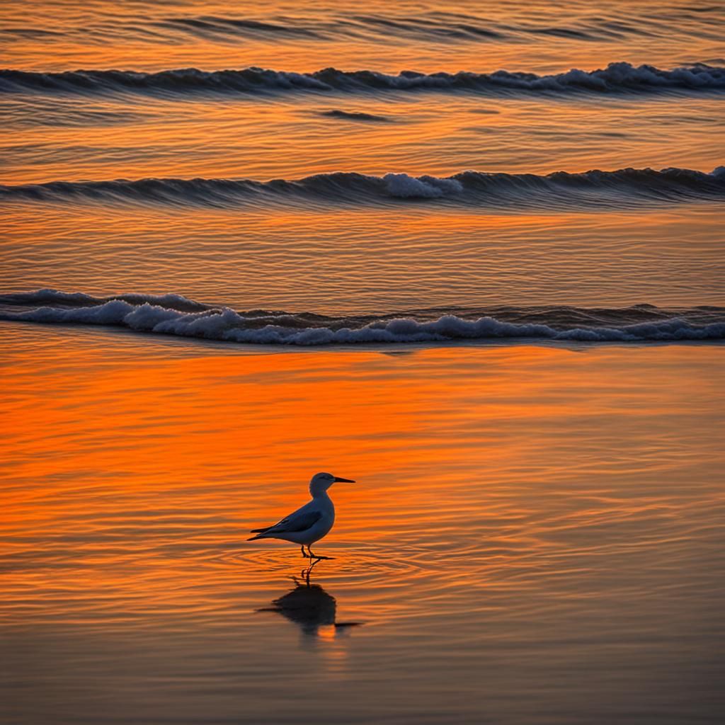 Sunset on the Beach with Orange Sky Reflection